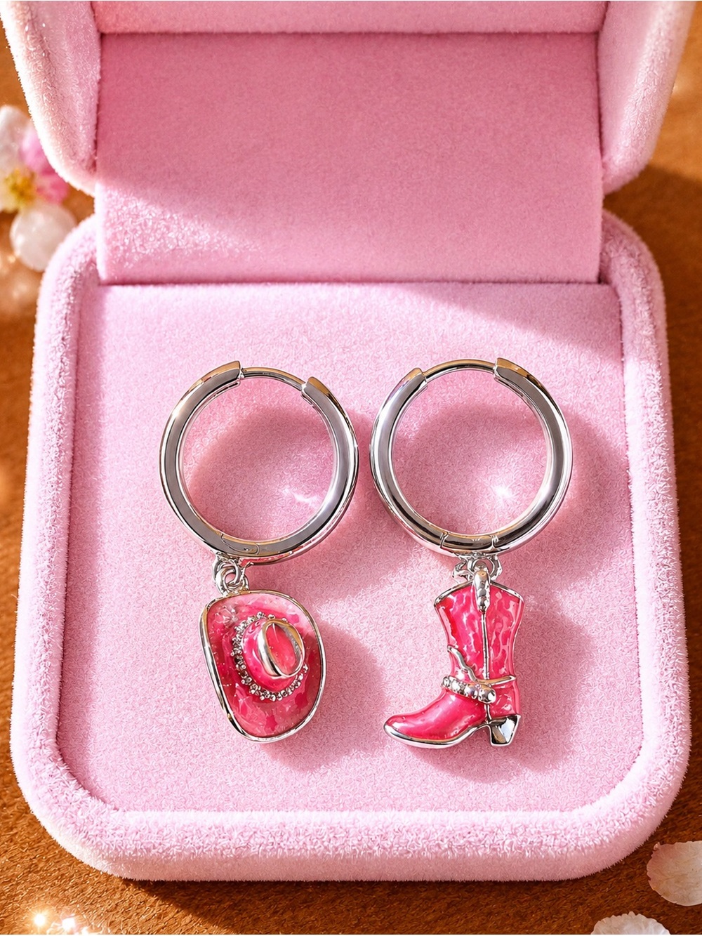 Sterling Silver Pink Cowboy Boot & Hat Dangle Hoop Earrings